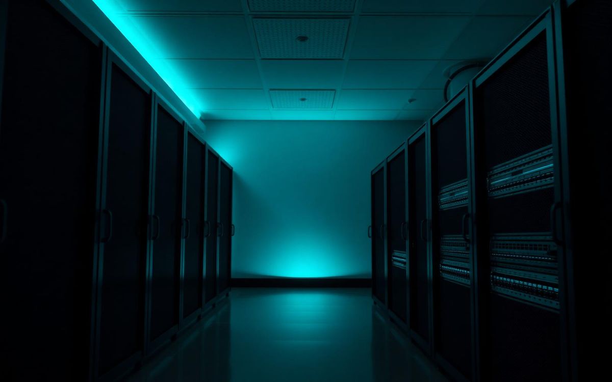 Baie de serveurs dans une salle technique éclairée en turquoise