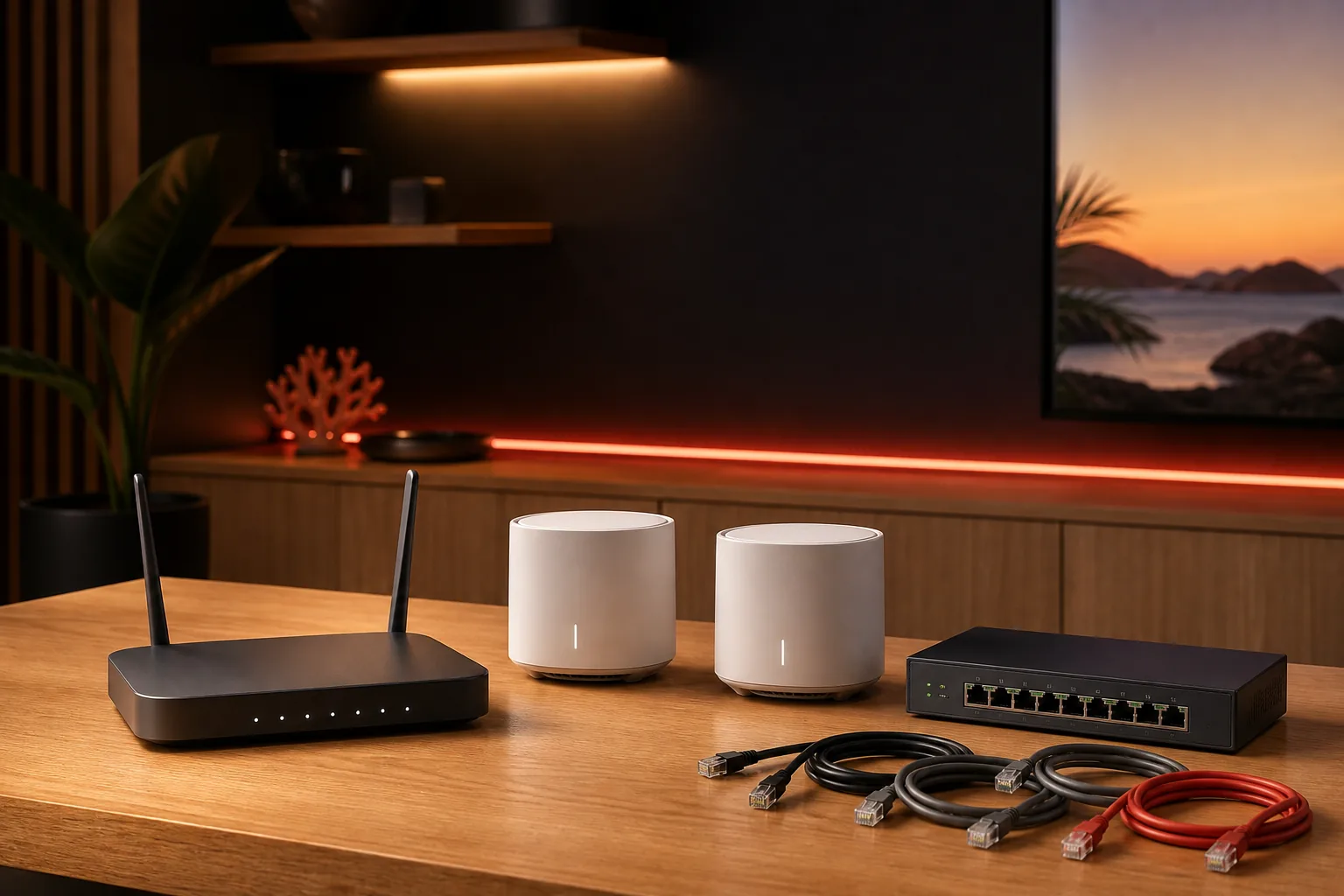 Illustration générique d'un routeur, de bornes Wi-Fi, d'un switch et de câbles réseau